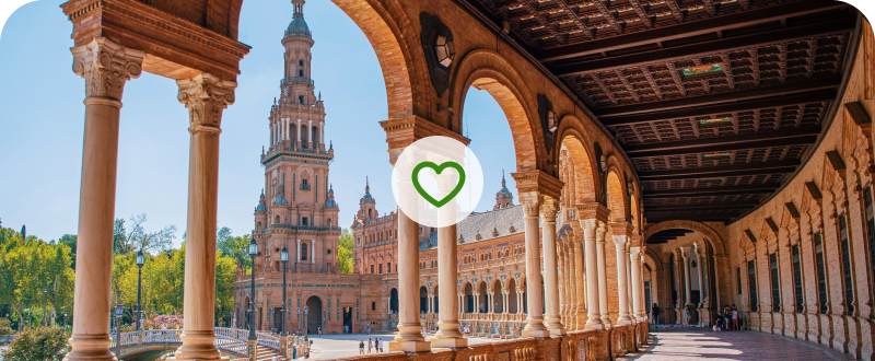 Plaza de España, Seville, with wish list heart — explore A Week in Spain tour