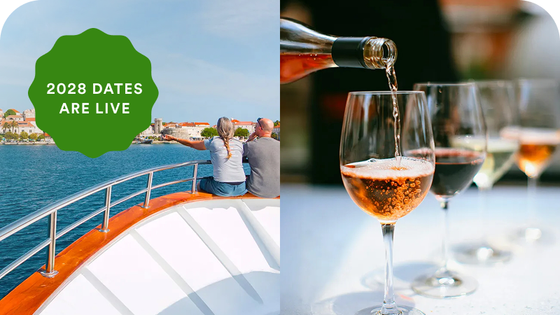 Travelers on a yacht deck with 2028 dates are live badge; opens Croatia yacht cruise