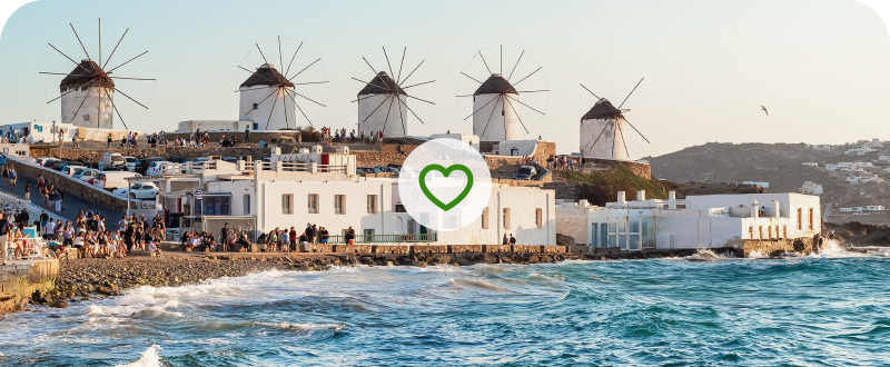 Mykonos windmills with wish list heart — explore A Week in Greece tour