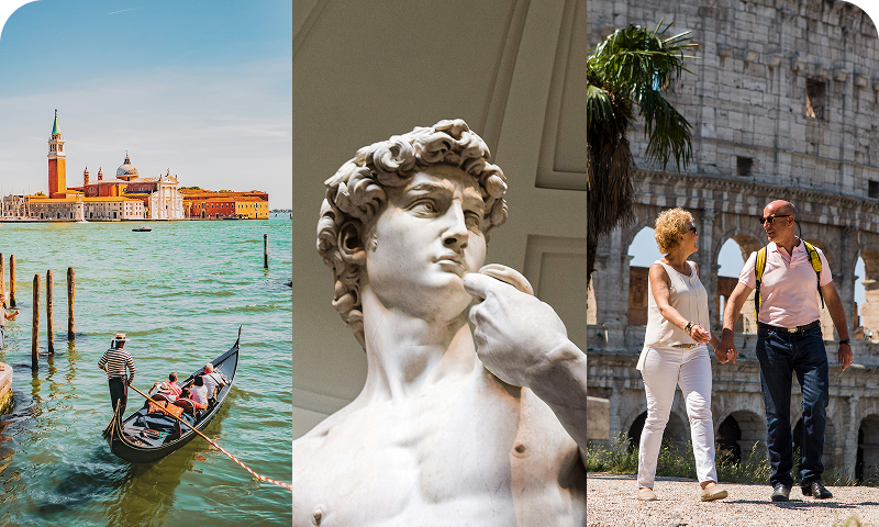 Triptych: Venice gondola, Florence David, couple at Rome Colosseum; Multi-City Weeklong Tours. Link opens Multi-City Weeklong Tours, EF Go Ahead Tours.