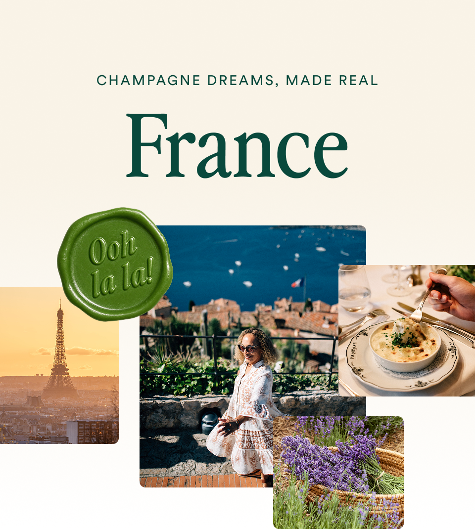 Go Ahead Tours France inventory spotlight collage with Eiffel Tower, coastal village, patisserie, and lavender scenes; opens France tours