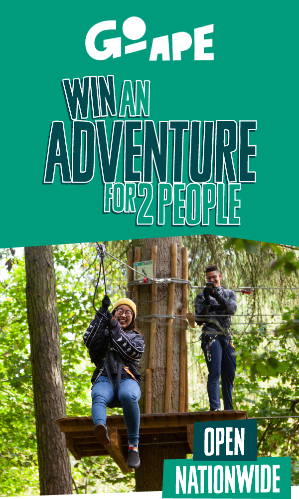 Win an adventure for 2 people written above an image of a couple enjoying a Go Ape adventure