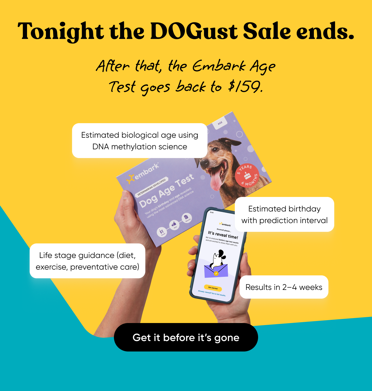 Tonight, the DOGust Sale ends. After that, the Embark Age Test goes back to $159. Get it before it's gone.