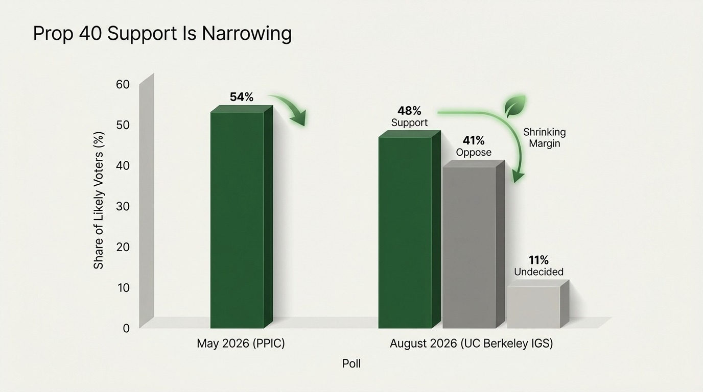 Bar chart comparing two polls on California's Proposition 40: a May 2026 PPIC poll showing 54% support, and an August 2026 UC Berkeley IGS poll showing 48% support, 41% opposed, and 11% undecided.
