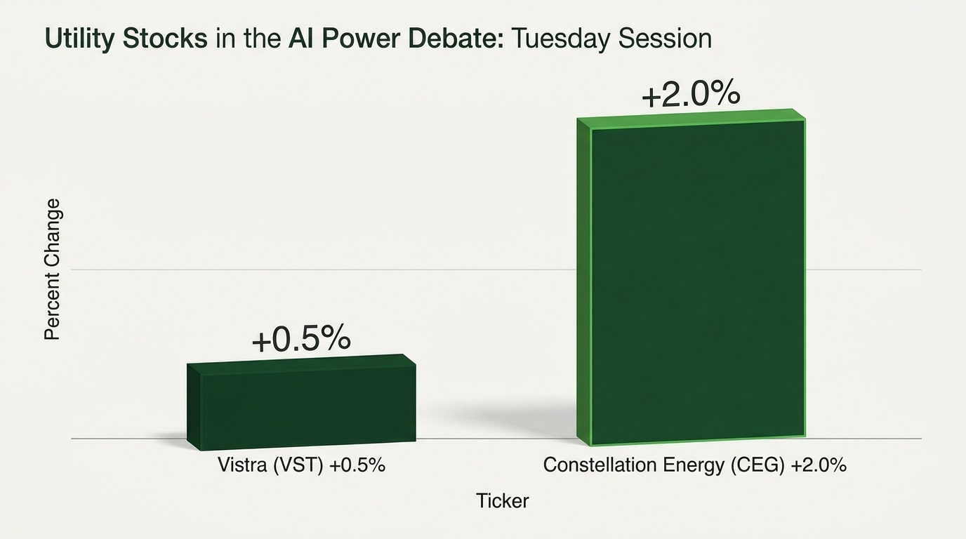 Bar chart showing Constellation Energy up 2.0% and Vistra up 0.5% in the Tuesday trading session.