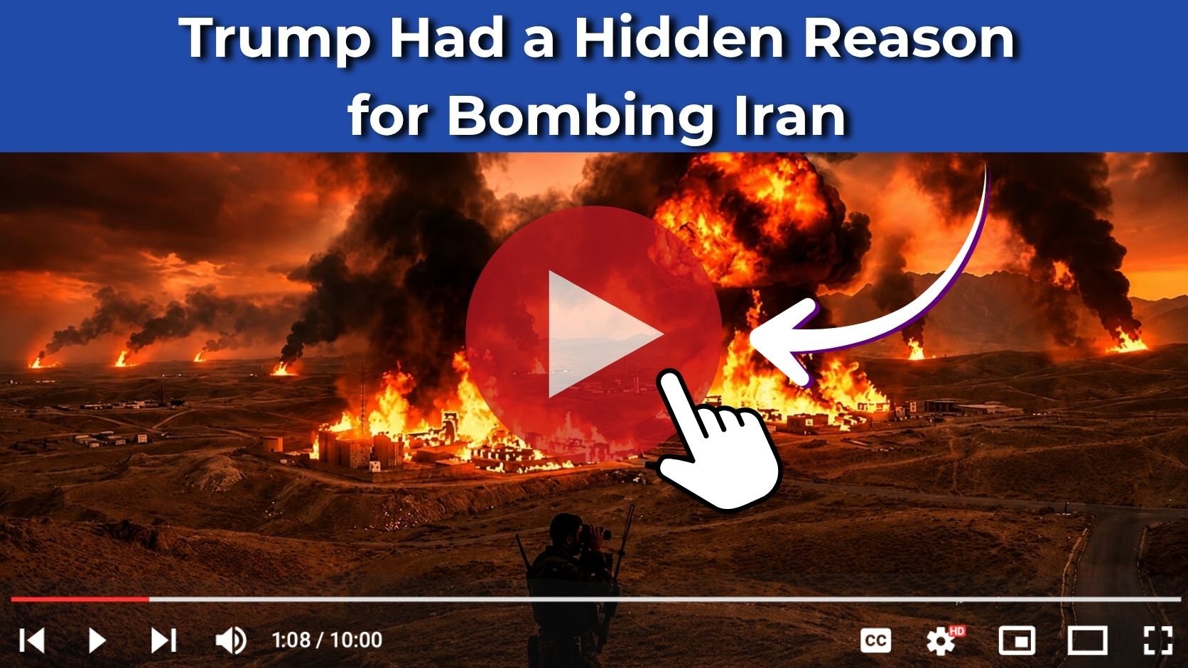Fiery explosions, smoke, burning buildings, observer with binoculars