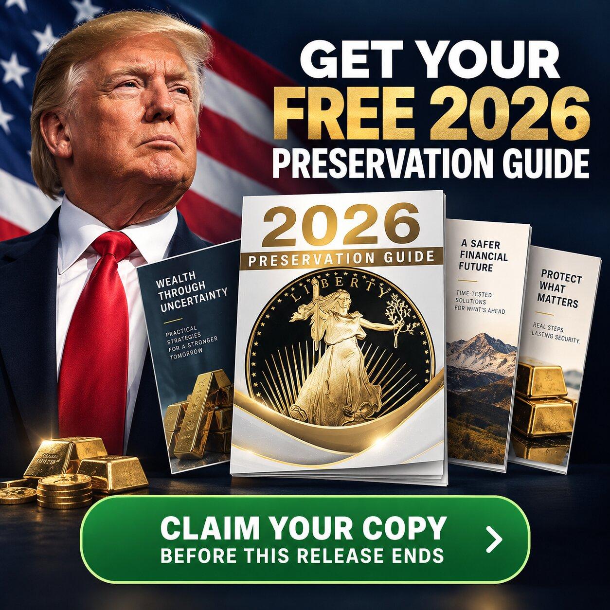 Donald Trump alongside wealth preservation guide booklets