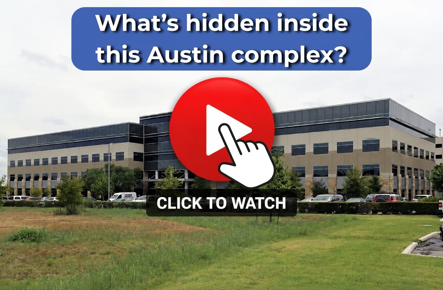 Modern office building with red play button