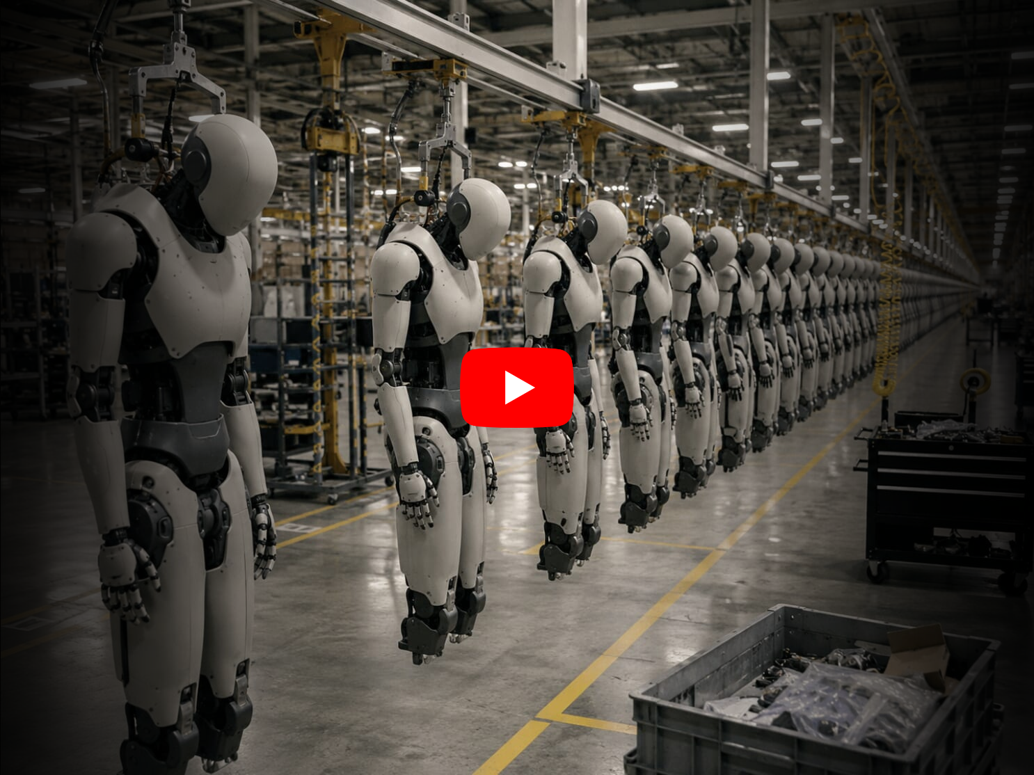 Humanoid robots hanging on a factory assembly line