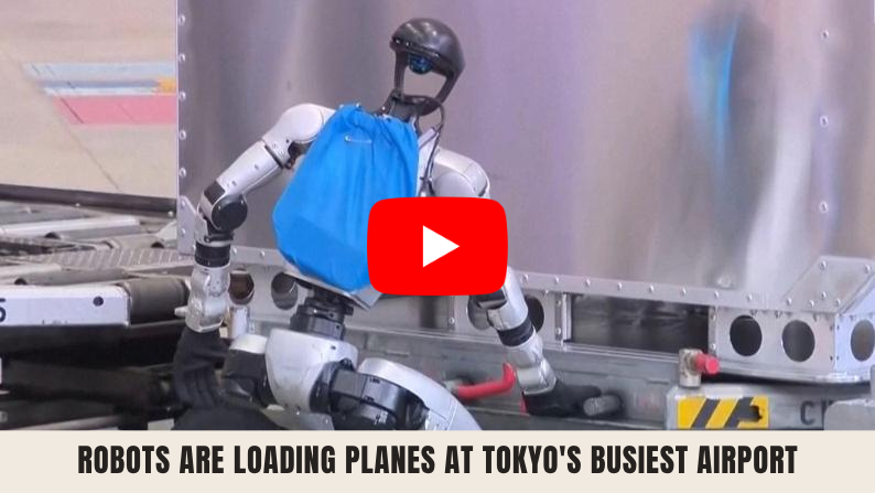 Humanoid robot with blue backpack loading cargo