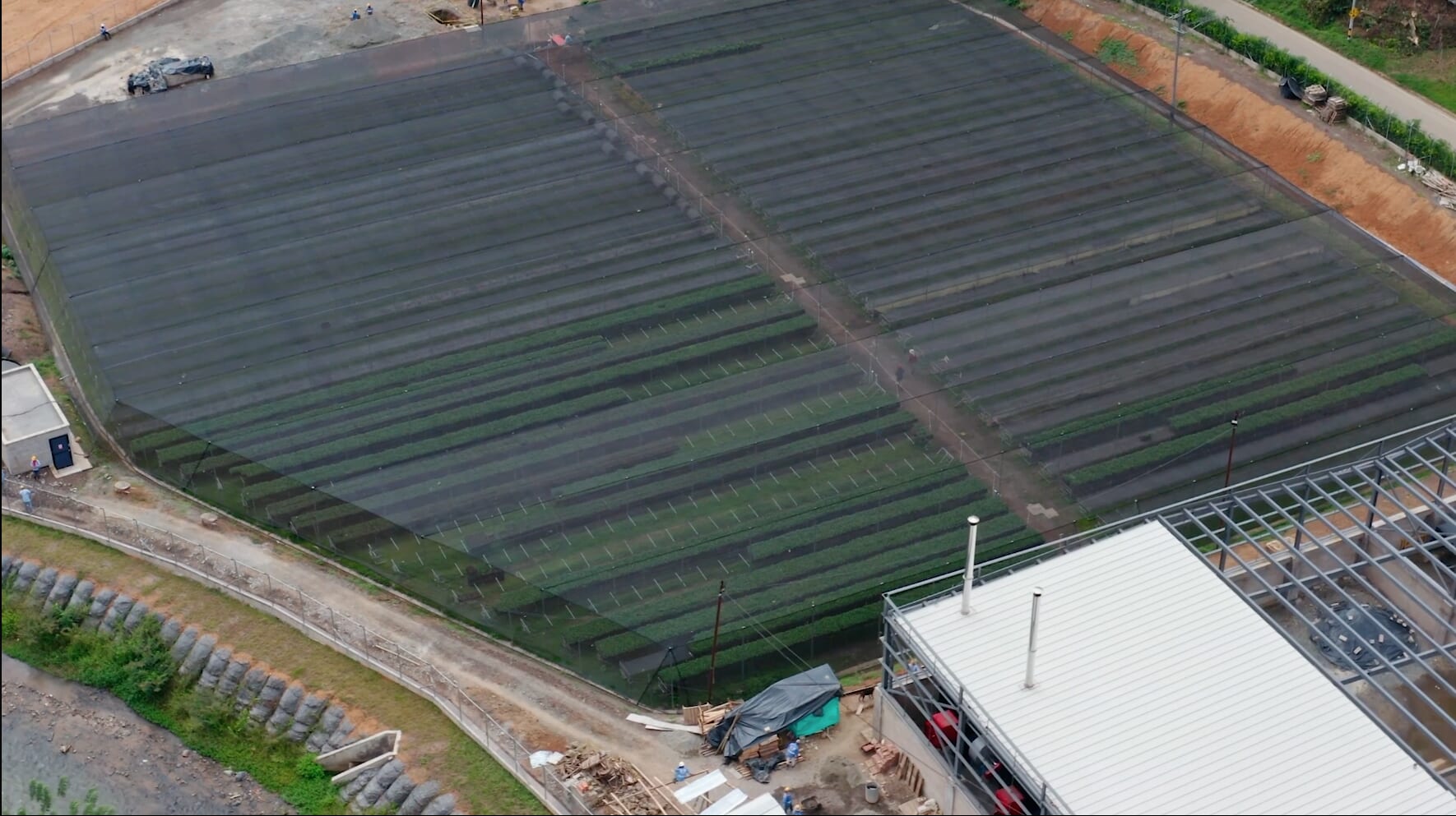 Aerial view of a shade cloth nursery