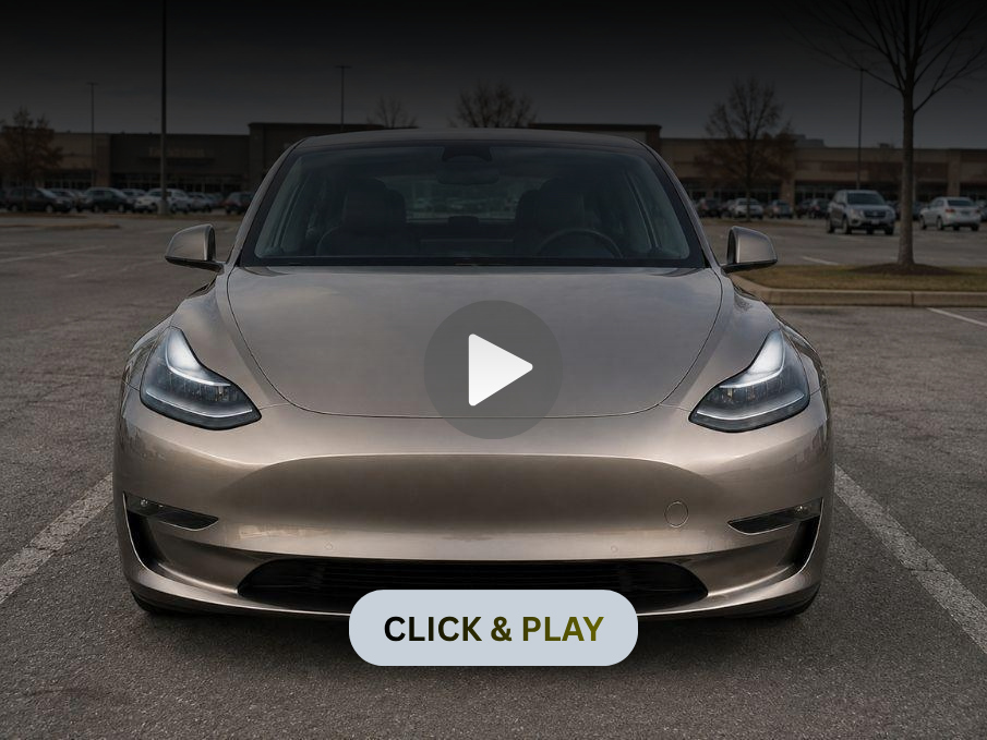 Front view of a beige Tesla