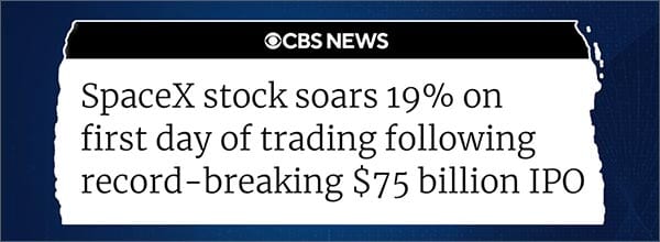 CBS News headline about SpaceX stock IPO