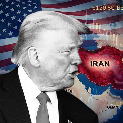 Donald Trump profile with Iran map background
