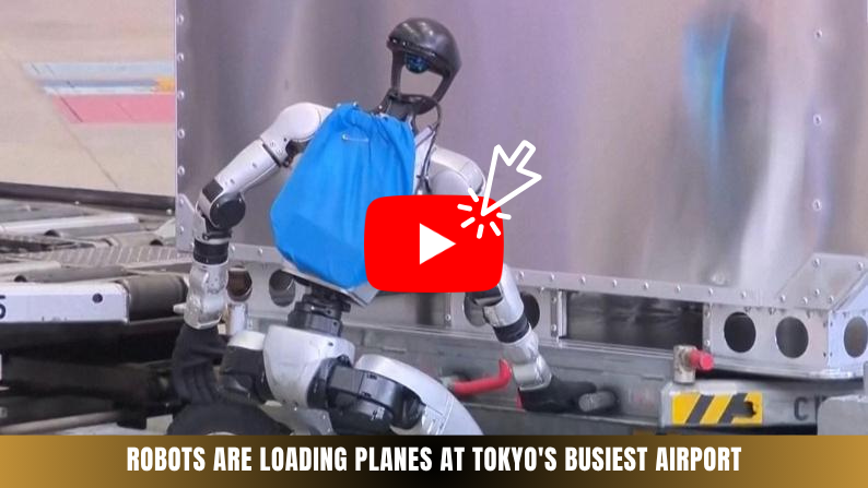 Humanoid robot with blue backpack loading cargo