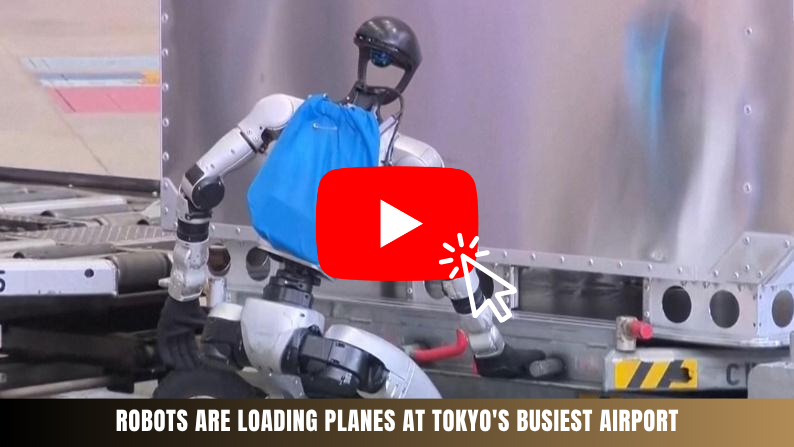 Humanoid robot with blue backpack loading cargo