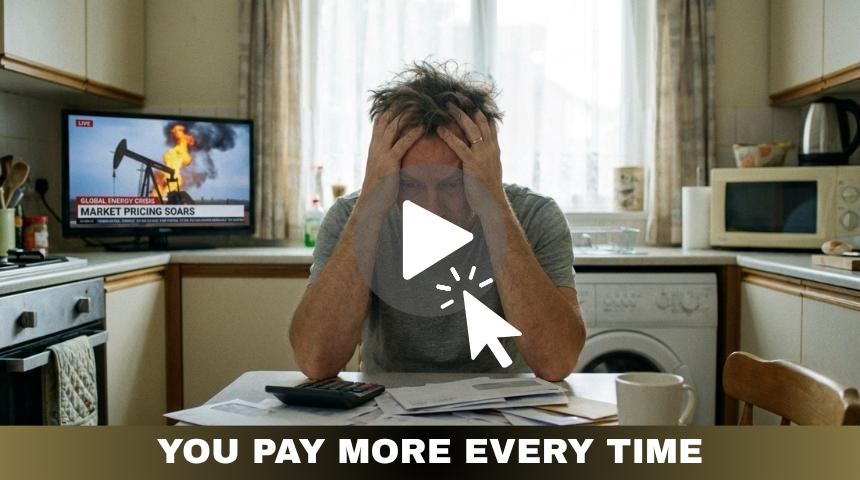 Distressed man with bills, TV shows oil crisis