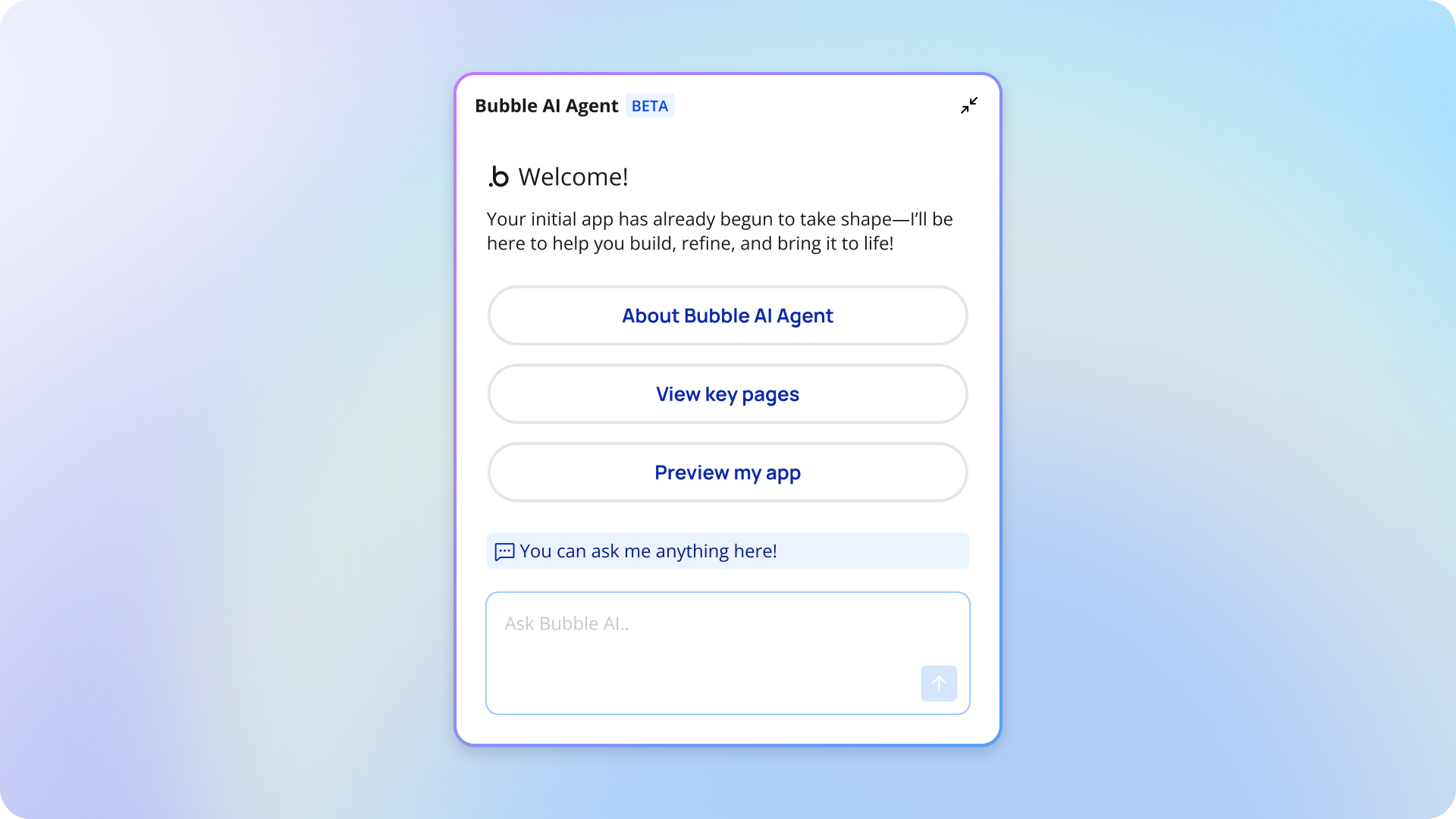 Pop up of Bubble AI Agent. Text reads 