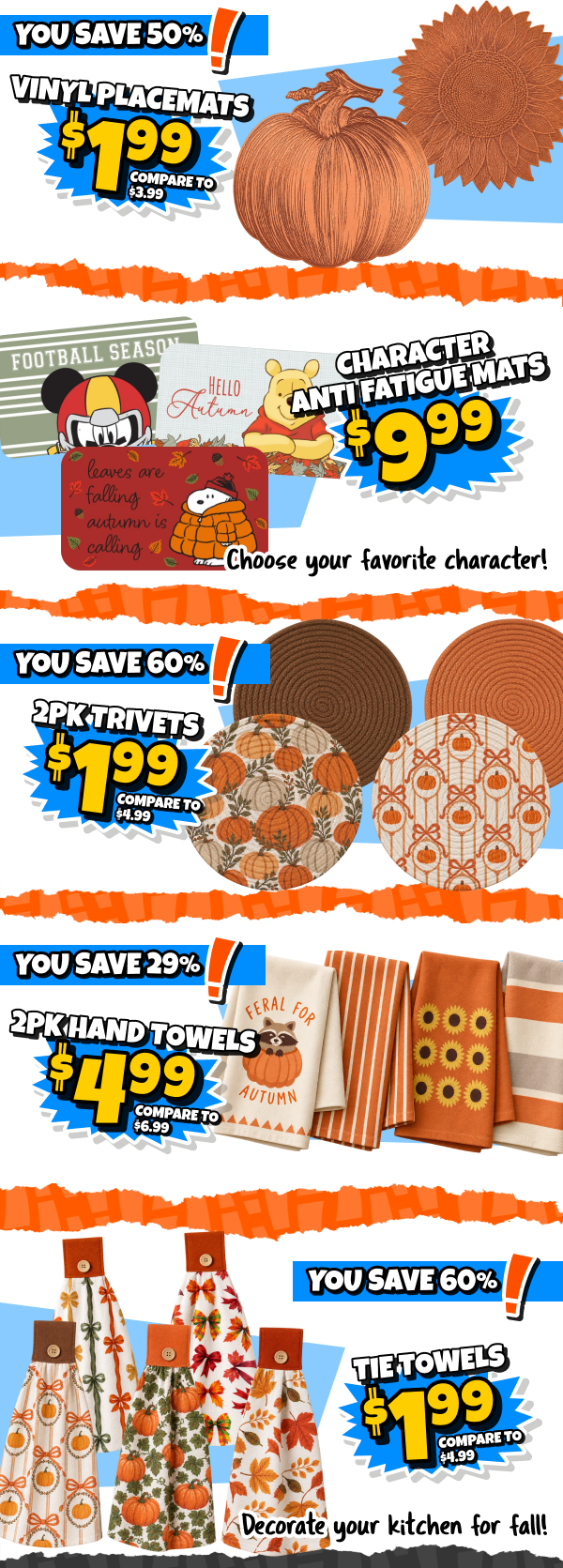 Placemats, anti fatigue mats, 2 pack trivets, 2 pack hand towels, and tie towels