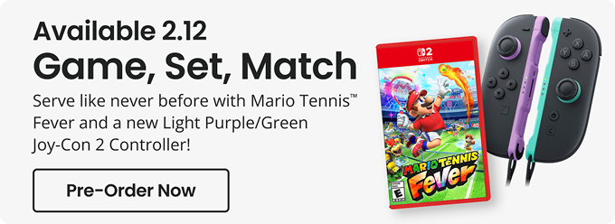 Available 2.12 | Game, Set, Match | Serve like never before with Mario Tennis™ Fever and a new Light Purple/Green Joy-Con 2 Controller! | Pre-Order Now