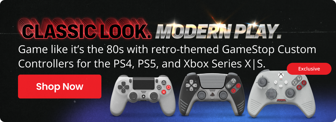 Classic Look. Modern Play. | Game like it’s the 80s with retro-themed GameStop Custom Controllers for the PS4, PS5, and Xbox Series X|S. | Exclusive | Shop Now