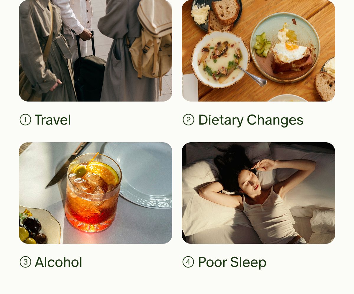 1 | Travel | 2 | Dietary Changes | 3 | Alcohol | 4 | Poor Sleep