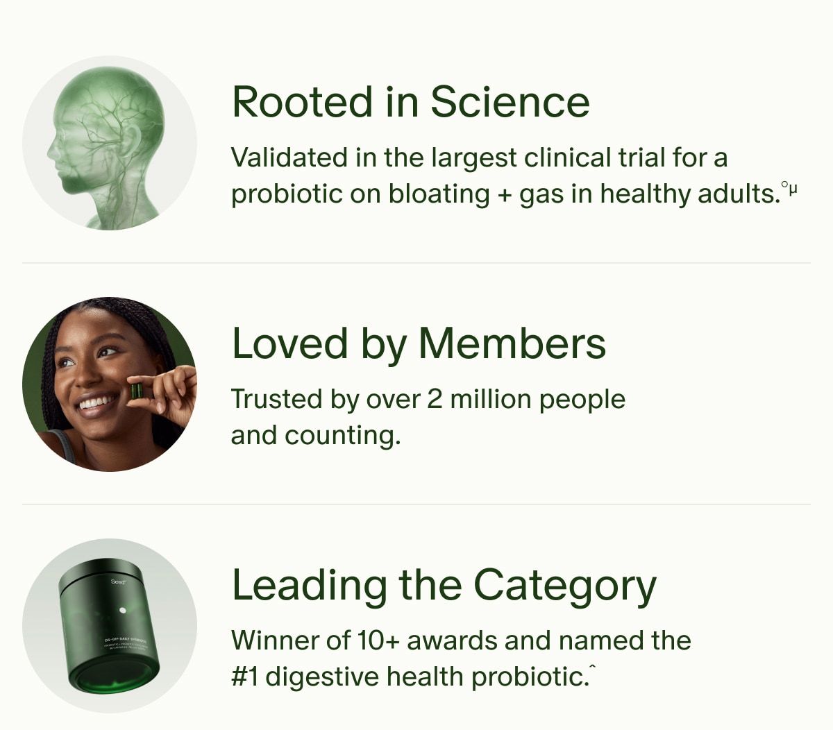 Rooted in Science | Validated in the largest clinical trial for a probiotic on bloating + gas in healthy adults.°µ | Loved by Members | Trusted by over 2 million people and counting. | Leading the Category | Winner of 10+ awards and named the #1 digestive health probiotic.