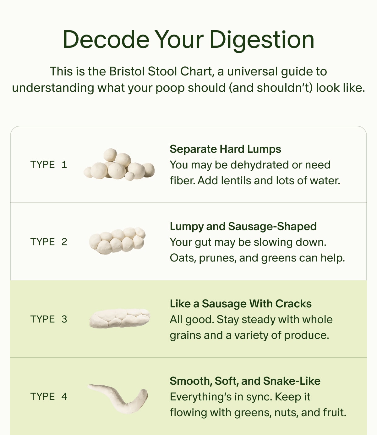 Decode Your Digestion | This is the Bristol Stool Chart, a universal guide to understanding what your poop should (and shouldn’t) look like. | TYPE 1 | Separate Hard Lumps | You may be dehydrated or need fiber. Add lentils and lots of water. | TYPE 2 | Lumpy and Sausage-Shaped | Your gut may be slowing down. Oats, prunes, and greens can help. | TYPE 3 | Like a Sausage With Cracks | All good. Stay steady with whole grains and a variety of produce. | TYPE 4 | Smooth, Soft, and Snake-Like | Everything’s in sync. Keep it flowing with greens, nuts, and fruit.