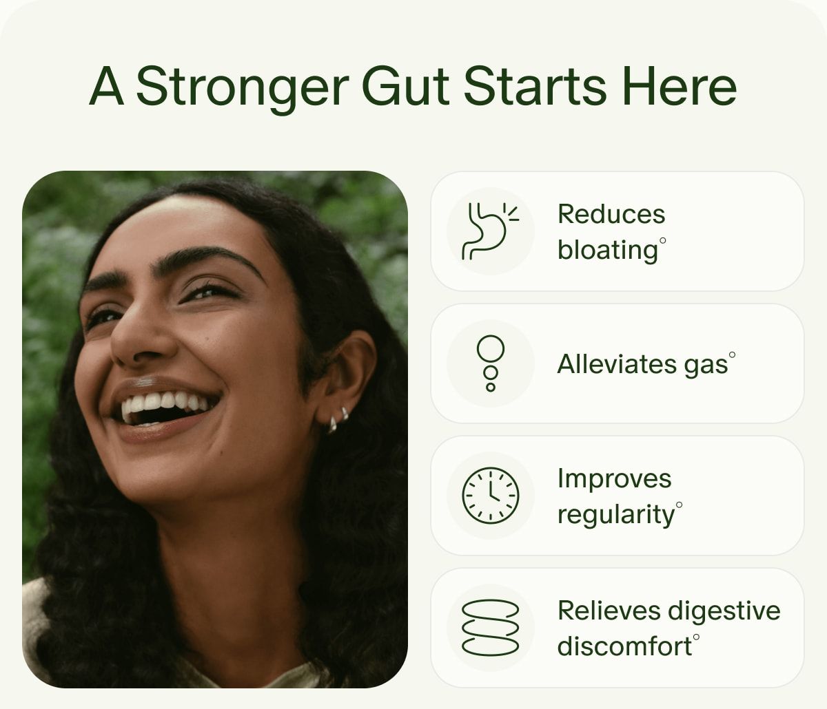 A Stronger Gut Starts Here | Reduces bloating° | Alleviates gas° | Improves regularity° | Relieves digestive discomfort°