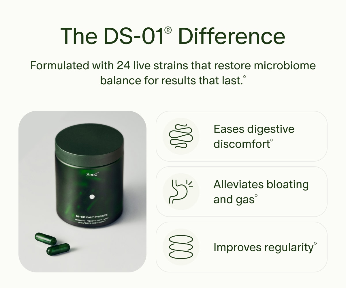 The DS-01® Difference | Formulated with 24 live strains that restore microbiome balance for results that last.° | Eases digestive discomfort° | Alleviates bloating and gas° | Improves regularity°