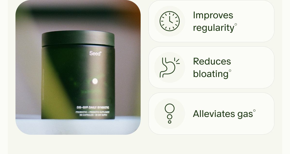 Improves regularity° | Reduces bloating° | Alleviates gas°