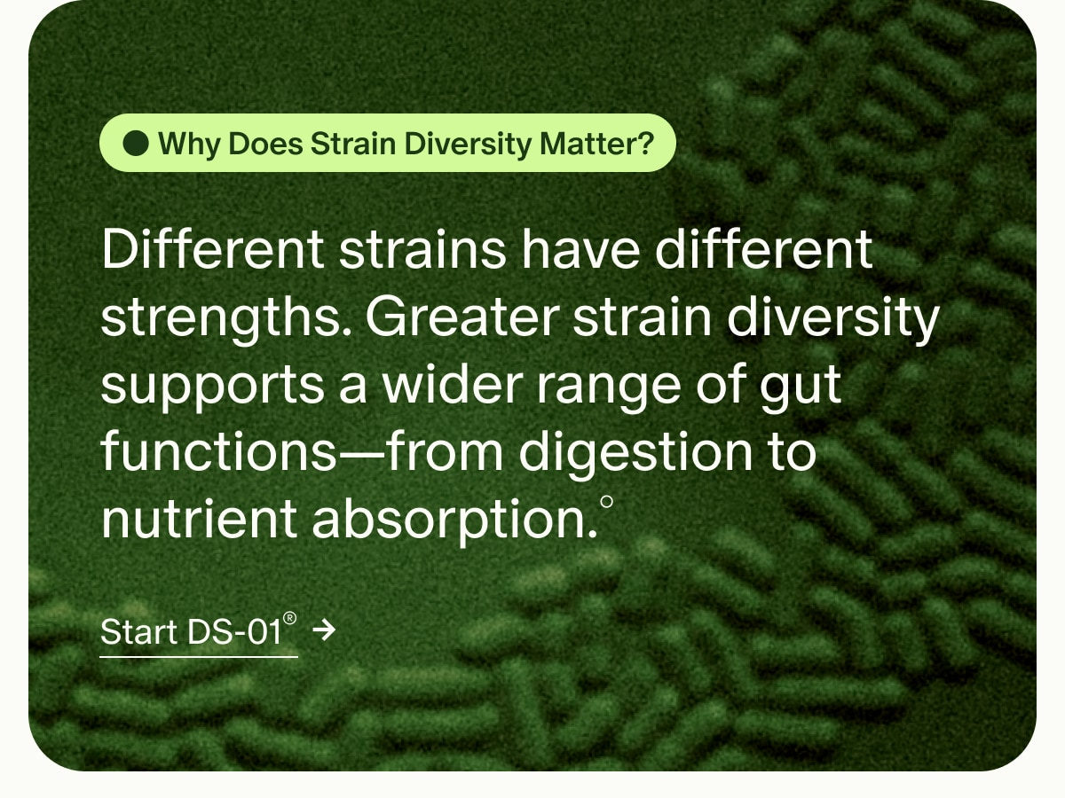 Why Does Strain Diversity Matter? | Different strains have different strengths. Greater strain diversity supports a wider range of gut functions—from digestion to nutrient absorption.° | Start DS-01®