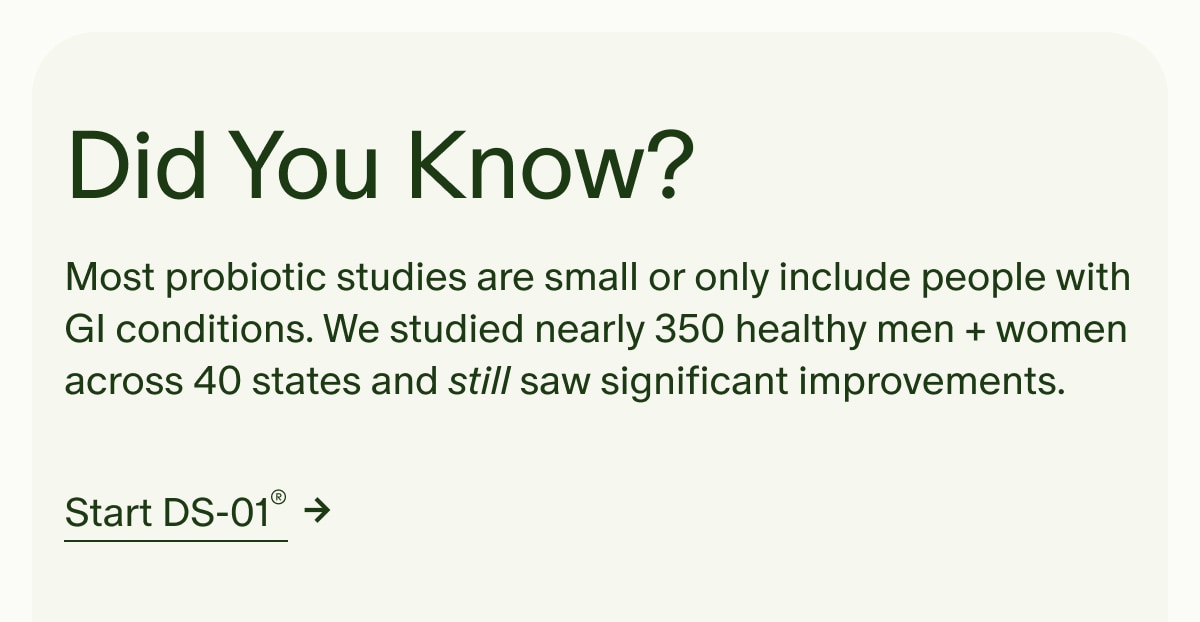 Did You Know? | Most probiotic studies are small or only include people with GI conditions. We studied nearly 350 healthy men + women across 40 states and still saw significant improvements. | Start DS-01®