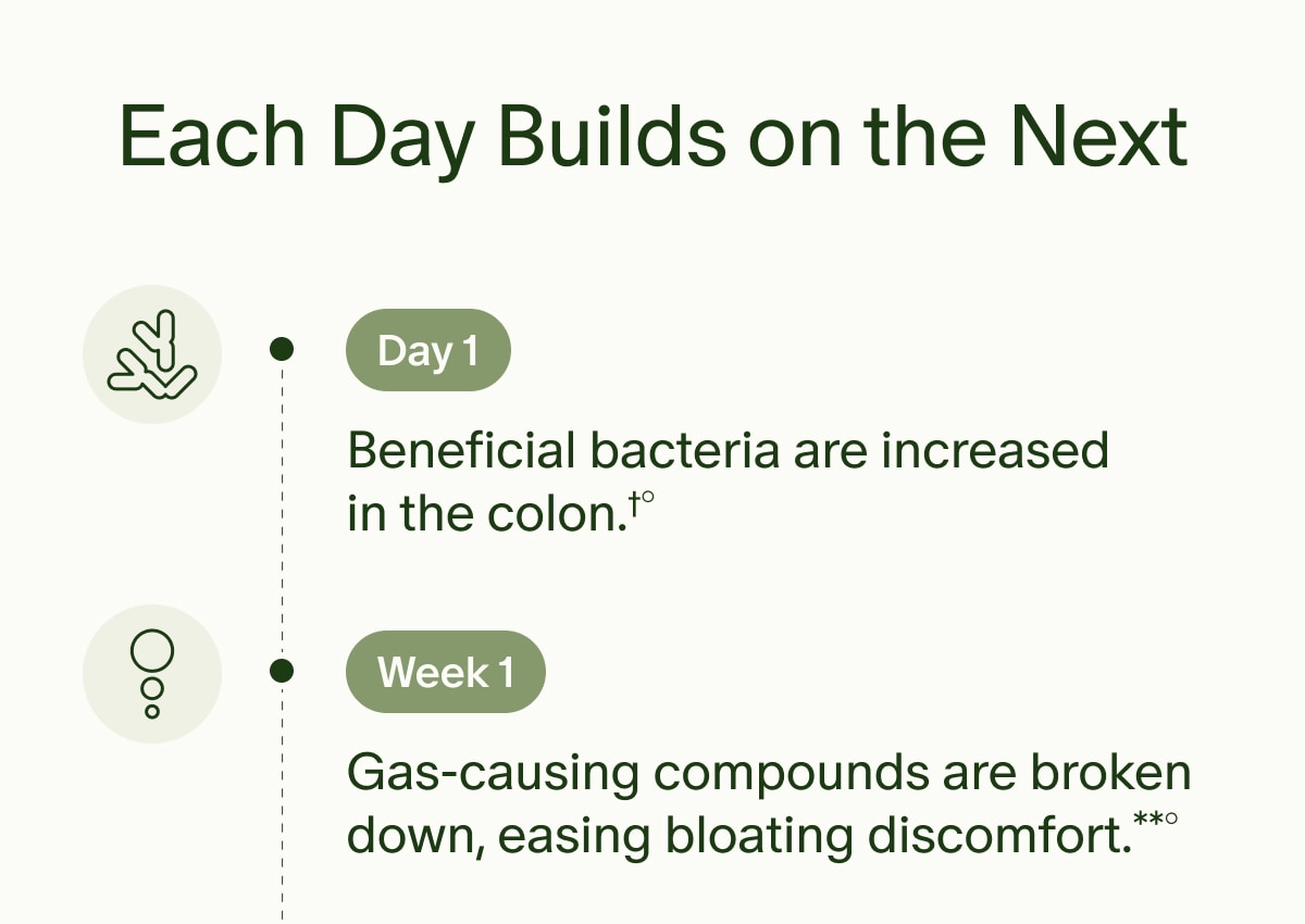 Each Day Builds on the Next | Day 1 | Beneficial bacteria are increased in the colon.†° | Week 1 | Gas-causing compounds are broken down, easing bloating discomfort.**°