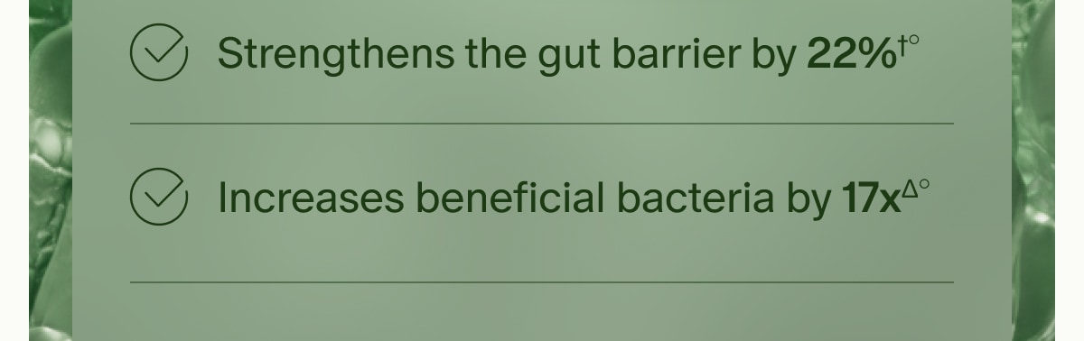 Strengthens the gut barrier by 22%†° | Increases beneficial bacteria by 17xΔ°