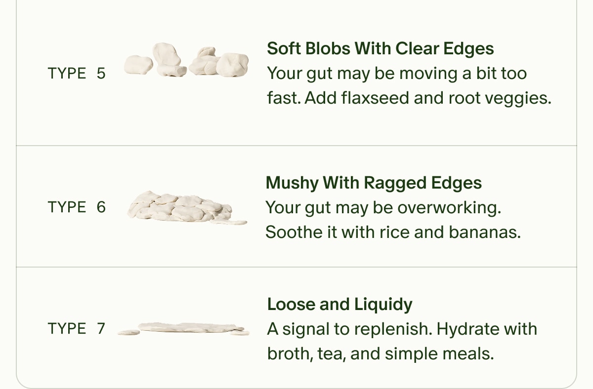 TYPE 5 | Soft Blobs With Clear Edges | Your gut may be moving a bit too fast. Add flaxseed and root veggies. | TYPE 6 | Mushy With Ragged Edges | Your gut may be overworking. Soothe it with rice and bananas. | TYPE 7 | Loose and Liquidy | A signal to replenish. Hydrate with broth, tea, and simple meals.