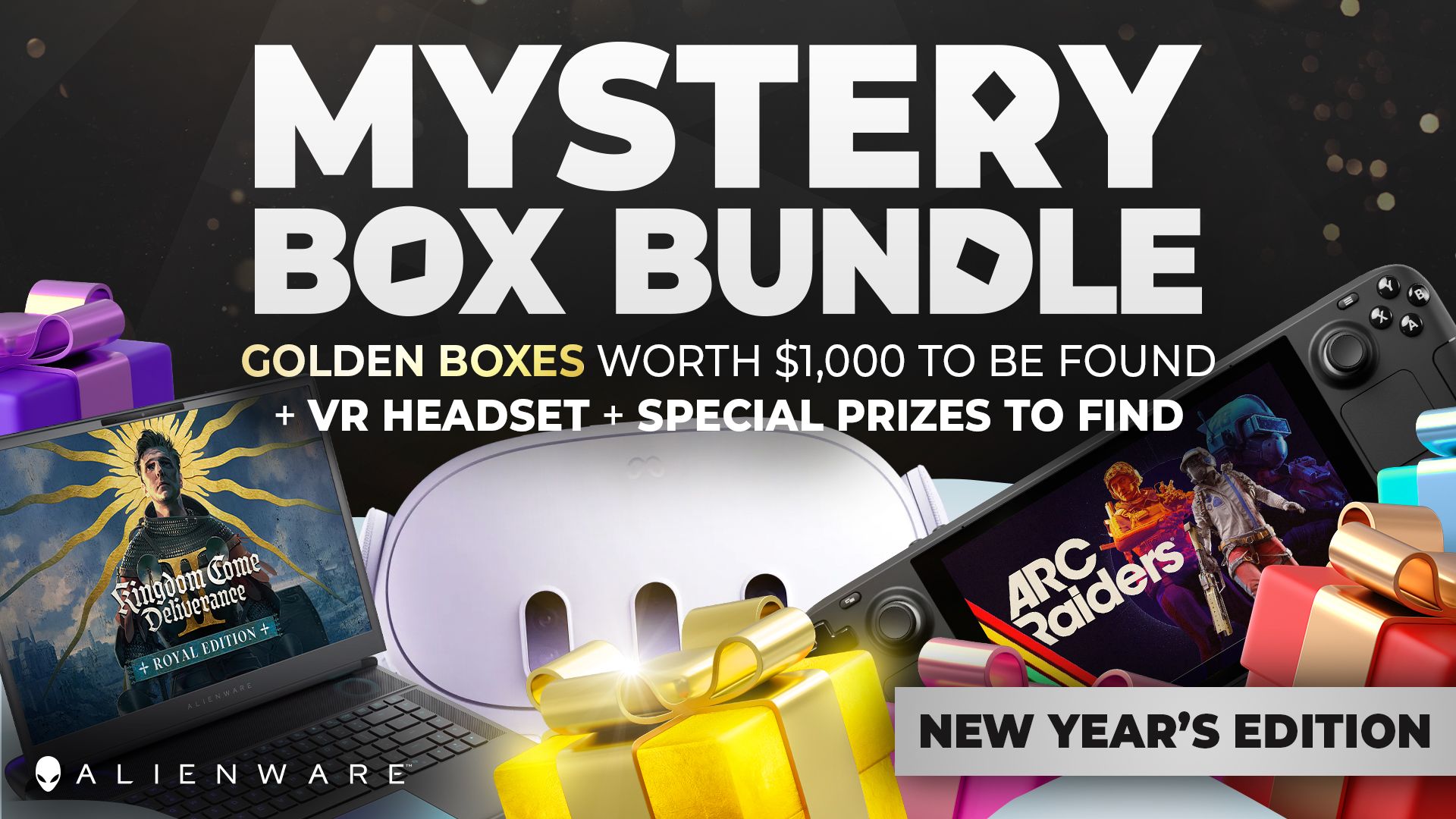 Mystery Box Bundle - New Year's Ediiton. Golden Boxes worth $1,000* to be found, plus VR Headset and special prizes to find!