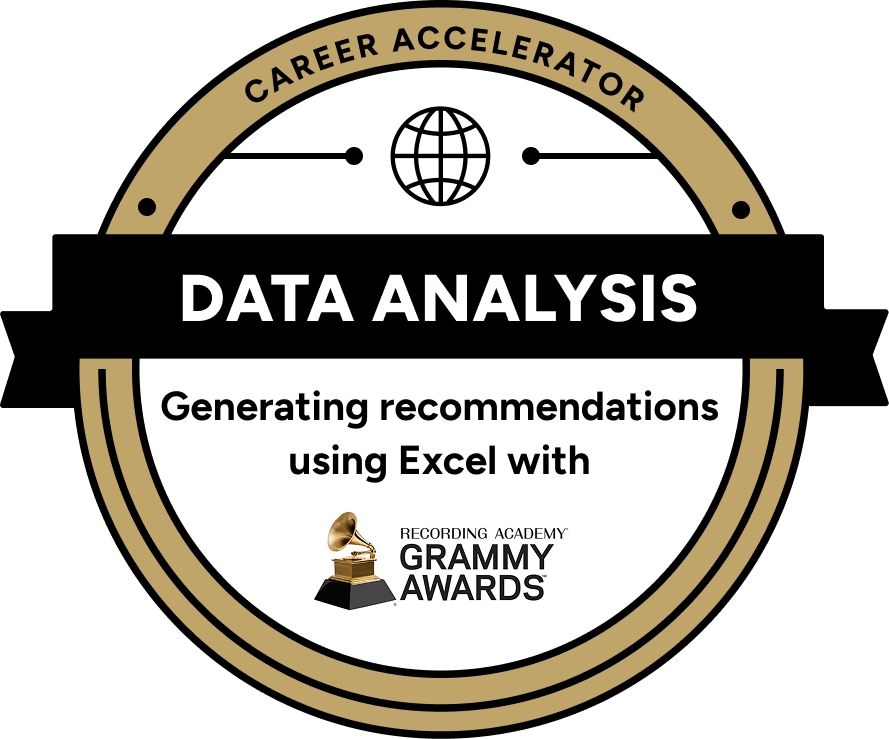 certification badge: Data Analysis — Generating recommendations using Excel with The Grammy Awards