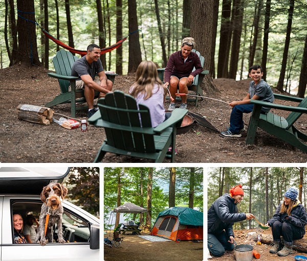 collage of 4 photos. family camping, dog in RV, tent site, couple enjoying breakfast int he woods