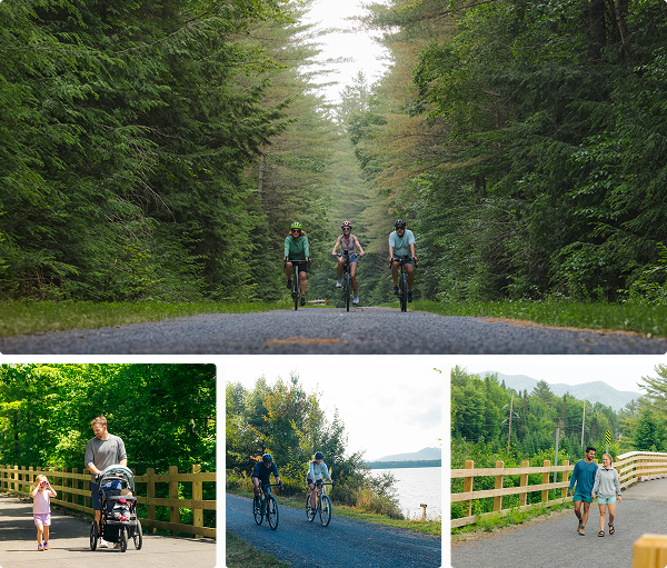 Collage of people on rail trail. Biking, pushing a stroller, and going for a walk. 