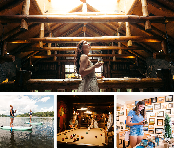 Collage of women in Lake Placid. Paddleboarding on mirror lake, playing pool in a rustic bar, and shopping an art gallery. 