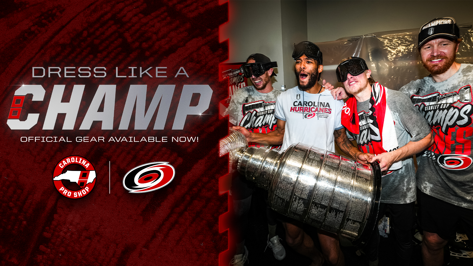 A graphic of players holding the Stanley Cup advertising Canes Stanley Cup Champions gear