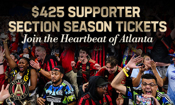 17s cheering with text 'Atlanta United | $425 Supporter Section Season Tickets | Join the Heartbeat of Atlanta'