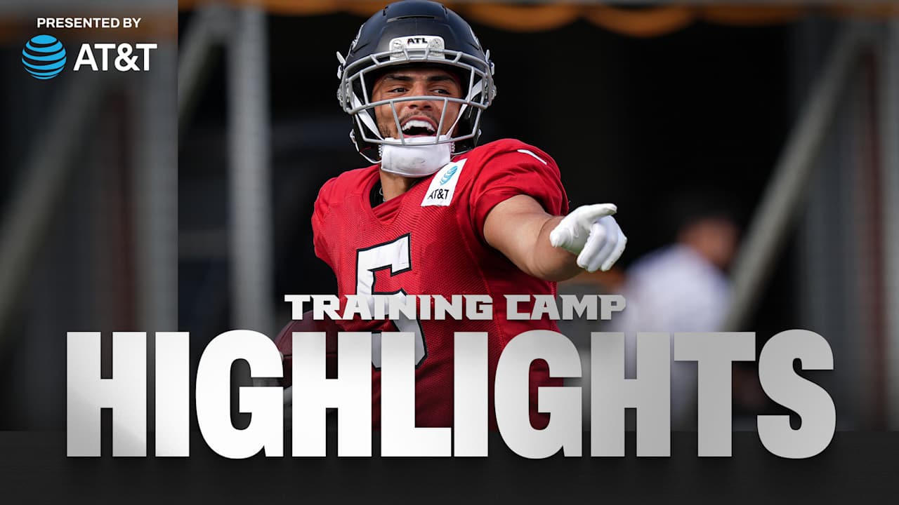 'Training Camp Highlights' text by Drake London practicing