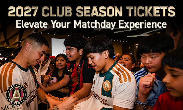 Youth meeting Atlanta United players with text 'Atlanta United | 2027 Club Season Tickets | Elevate Your Matchday Experience'