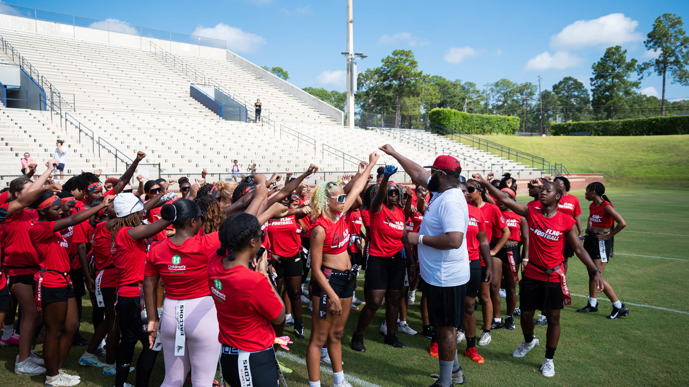 Youth athletes at Girls Flag Football Clinic