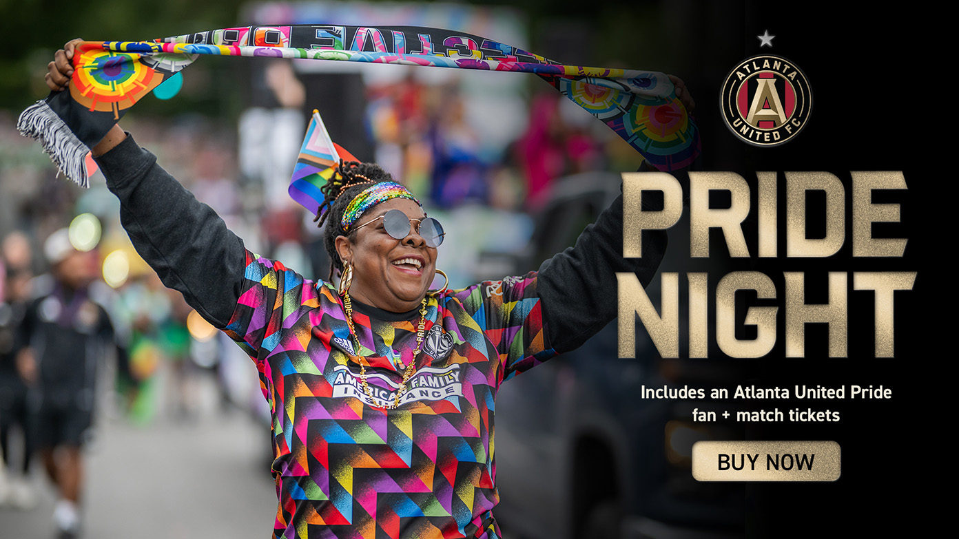 Image of woman holding pride scarf and words 'Pride Night Includes an Atlanta United Pride fan and match tickets'