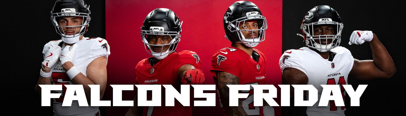 Atlanta Falcons players Drake London, Bijan Robinson, A.J. Terrell Jr. and Jalon Walker pose behind text: Falcons Friday