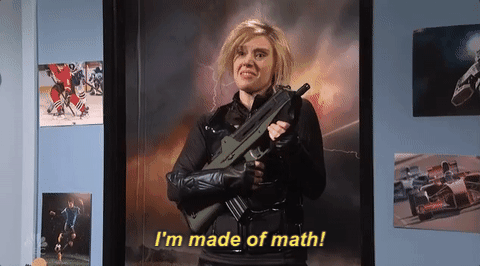 A woman holding a large gun and saying, 