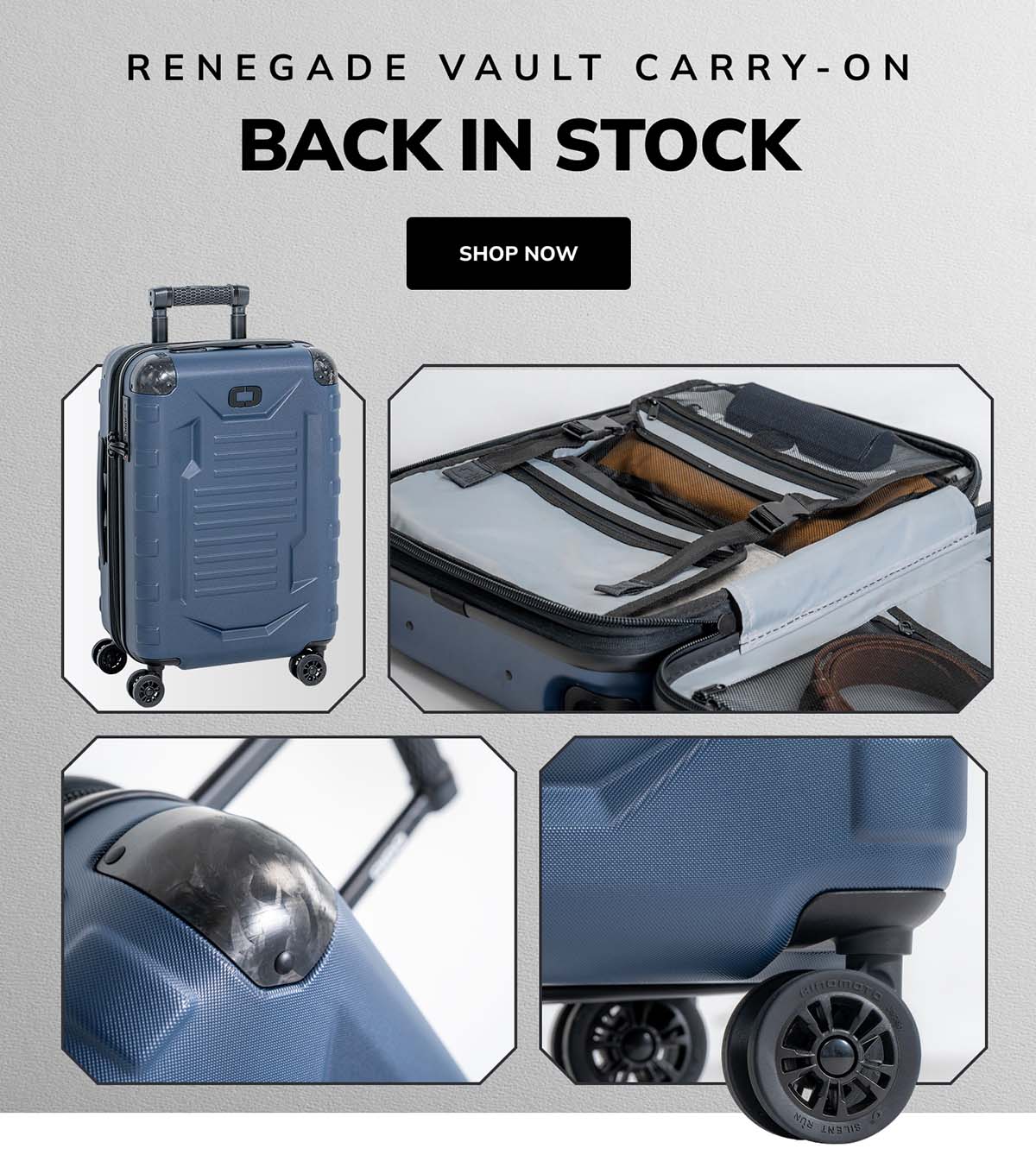 Vault carry-on hardside luggage with interior organization, corner protectors, and durable 360 degree wheels